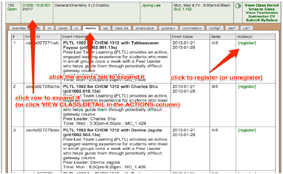 Screenshot of CourseBook webpage. Arrows point to rows (click to expand), events tab, and registration link. 